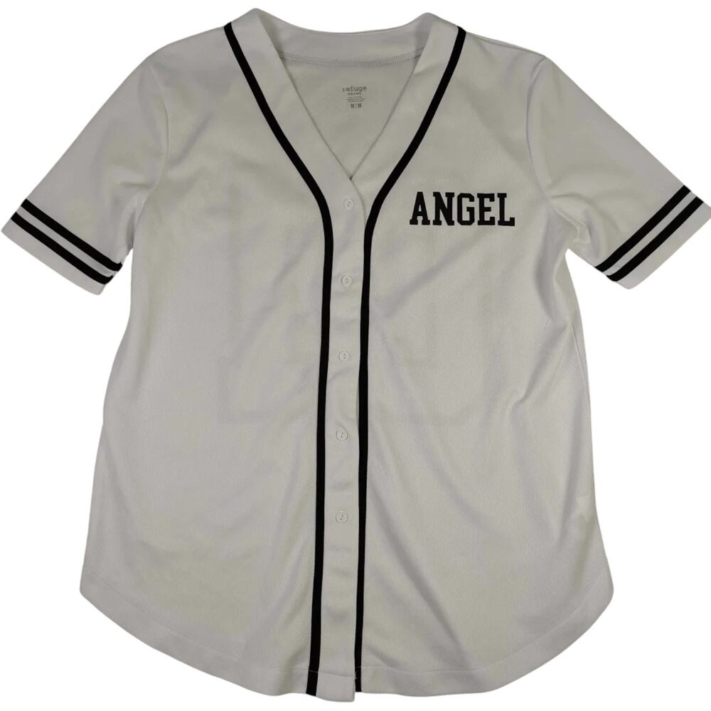 Refuge Angel Baseball Jersey Womens M White Black Button Front Athletic Top